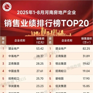 河南省1～8月房地产企业销售业绩TOP20出炉